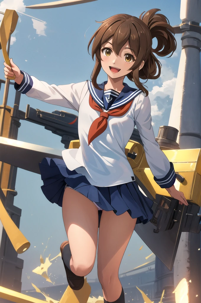 Highest quality, masterpiece, High resolution, alone, {inazuma_Fleet Collection}, brown_hair, Folded_ponytail, brown_eye, length_hair, Open_mouth, smile, Sailor suit, show off panties