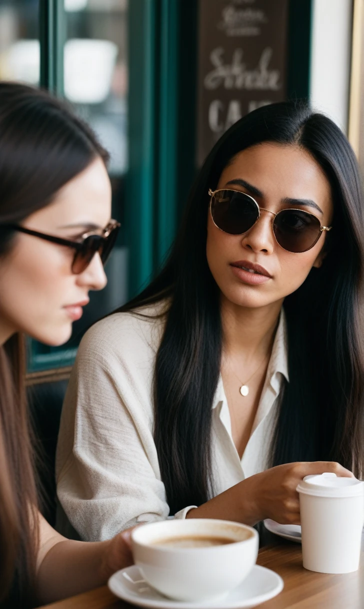 A woman with long dark hair and sunglasses revealing tears. sitting at a coffee shop table with another dark brown and light skin woman