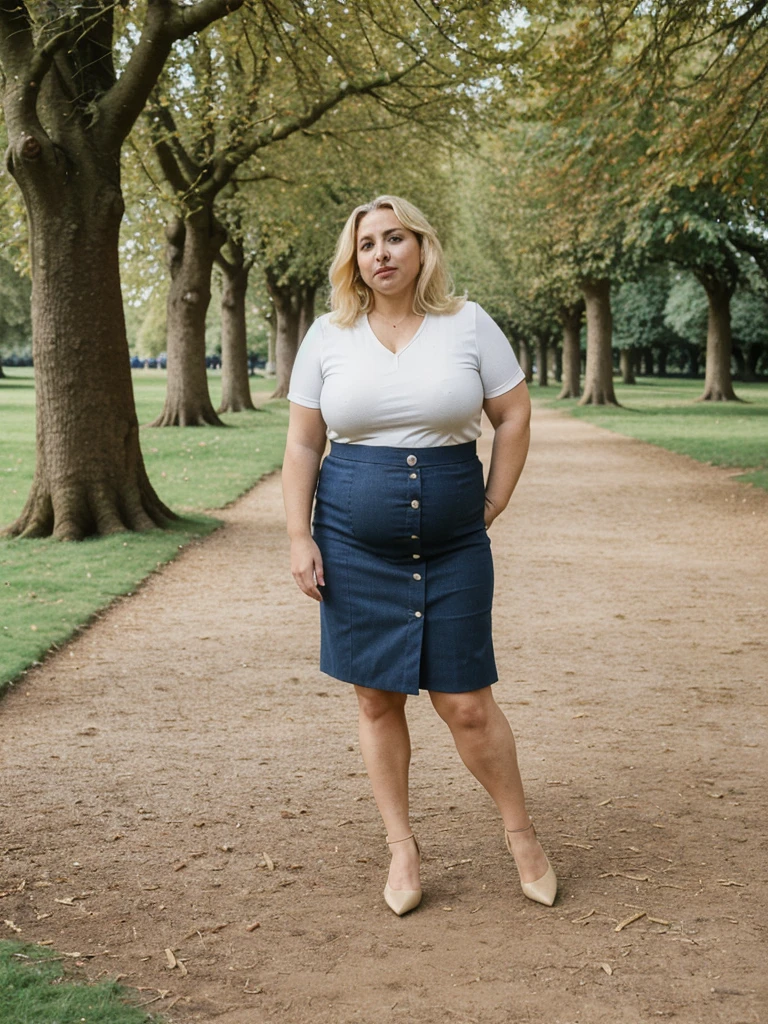Xyrele, 1girl, solo, 30 years old, (((French face))), (((French nose))), (((French lips))), ((((chubby)))), (((wide hips))), (((blonde hair))), crinkly medium hair, wearing stylish palette trend modern wear and skirt, ((Background: Hyde Park - United Kingdom)), ((upper body and upper legs))
