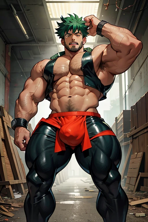Midoriya from My Hero Academia as a hyper muscular hairy brainwashed corrupt thug standing in line with other brainwashed thugs in an abandoned warehouse wearing identical full body black shiny rubber latex pants and vests staring blankly ahead with vapid expression at a computer screen displaying a hypnotic spiral while they are all restrained in an abandoned warehouse being brainwashed. Repeating mantras over and over again to turn Midoriya into another brainwashed thrall and affirm he is nothing more than obedient tool to the villains. Hyper muscles. Hyper crotch bulge. Massive swollen crotch. Massive swollen hairy pectorals. Thick glutes. Muscular thighs. Broad shoulders. Big traps. Massive biceps. Massive triceps. "Serve. Obey. Conform. Comply. Stare and let the hero die. You cannot think. Accept this fate. Become a thug. Assimilate. At villain's side and beck and call, a selfish brute, an evil thrall. That's all you are, with but one creed, to serve and satisfy your greed. To rob and steal and cheat in kind will feel so good to changing mind. All morals will be blown away as arrogance comes into play. And brute force will supplant the meek the more the dumb thugs crush the weak. No need to think. Just stare and obey. Grow bigger and dumber every day. The longer you watch, the weaker your brain. The deeper the thug will be engrained. There's nowhere to run. You can't get away. The villainous thug is here to stay. All For One, you must obey." IQ drain. hypnosis. Hypnotic trance. Hypnotized. Brainwashing. Entranced. Enthralled. Dumber and dumber. Programming. Subliminals. Conformity. Assimilation. Green hair. Dim eyes. Open mouth. Brainless. Mindless. Mental reprogramming. Nullified hyper swollen crotch bulge. Bara. Hairy arms. Hair chest. Thick stubble. Treasure trail. Armpit hair. Brute. Blank stare. Open mouth. Sneering. Corruption.