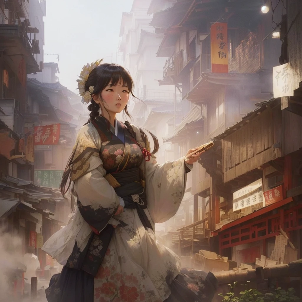 Anime style painting of a woman in a white dress holding a gun, artwork in the style of Gwaiz, Inspired by Chung Fenghua, Gwaiz, Beautiful artwork illustration, Sosei, Jan J, Gwaiz on pixiv artstation, Traditional Japanese concept art, Gwaiz masterpiece, Blazing flames inspired by Zhang Senyao, fire, crowd, throng, freezing, mother warming her baby.Scenery and Cityscape in the Early Meiji Era After the Meiji Restoration, Japan underwent rapid modernization and civilization. Consequently, many changes and reforms occurred. Below is a detailed explanation of the scenery, appearance of the poor, occupations, and cityscapes in the early Meiji period (1868 to the early 1880s). 2. Appearance of the Poor Life for the impoverished and lower classes remained harsh. In particular, in urban areas, people migrated from rural areas or unemployed artisans gathered, intensifying competition in the labor market. Many of them struggled with poverty, often residing in slums or around temples. 3. Occupations Meiji early Japan witnessed a diversification of occupations. Traditional agriculture and handicrafts were accompanied by the rise of modern industry and commerce. Particularly in urban areas, factory workers, shop clerks, and transporters increased, giving rise to new professions. However, many in these occupations endured harsh working conditions. 4. Influence of Civilization and Enlightenment During the Meiji era, Western cultural influences spread rapidly. Changes in clothing, dietary habits, and the proliferation of Western-style architecture advanced, especially in urban areas. Conversely, this development posed a threat to traditional culture and lifestyles, resulting in societal upheaval and adaptation challenges. 5. Social Change and Policy Influence While promoting modernization policies, the government also addressed poverty and social issues. Legislation for labor protection and charitable activities to aid the poor were implemented. Nevertheless, living conditions for the impoverished scarcely improved. The early Meiji period marked a rapid transformation in
