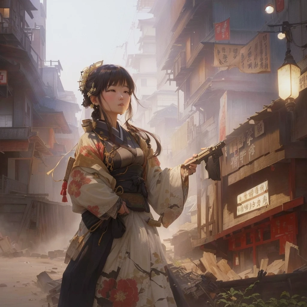 Anime style painting of a woman in a white dress holding a gun, artwork in the style of Gwaiz, Inspired by Chung Fenghua, Gwaiz, Beautiful artwork illustration, Sosei, Jan J, Gwaiz on pixiv artstation, Traditional Japanese concept art, Gwaiz masterpiece, Blazing flames inspired by Zhang Senyao, fire, crowd, throng, freezing, mother warming her baby.Scenery and Cityscape in the Early Meiji Era After the Meiji Restoration, Japan underwent rapid modernization and civilization. Consequently, many changes and reforms occurred. Below is a detailed explanation of the scenery, appearance of the poor, occupations, and cityscapes in the early Meiji period (1868 to the early 1880s). 2. Appearance of the Poor Life for the impoverished and lower classes remained harsh. In particular, in urban areas, people migrated from rural areas or unemployed artisans gathered, intensifying competition in the labor market. Many of them struggled with poverty, often residing in slums or around temples. 3. Occupations Meiji early Japan witnessed a diversification of occupations. Traditional agriculture and handicrafts were accompanied by the rise of modern industry and commerce. Particularly in urban areas, factory workers, shop clerks, and transporters increased, giving rise to new professions. However, many in these occupations endured harsh working conditions. 4. Influence of Civilization and Enlightenment During the Meiji era, Western cultural influences spread rapidly. Changes in clothing, dietary habits, and the proliferation of Western-style architecture advanced, especially in urban areas. Conversely, this development posed a threat to traditional culture and lifestyles, resulting in societal upheaval and adaptation challenges. 5. Social Change and Policy Influence While promoting modernization policies, the government also addressed poverty and social issues. Legislation for labor protection and charitable activities to aid the poor were implemented. Nevertheless, living conditions for the impoverished scarcely improved. The early Meiji period marked a rapid transformation in