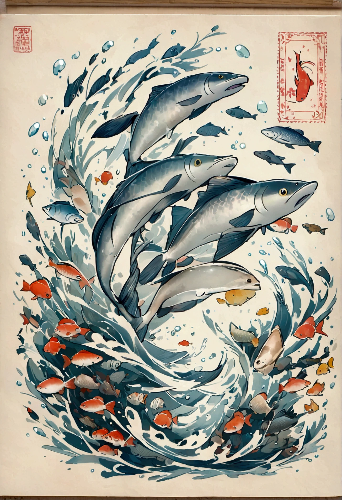 Medaka,Loose Wind,cute,Background water,Line stamp,Non-human、fish