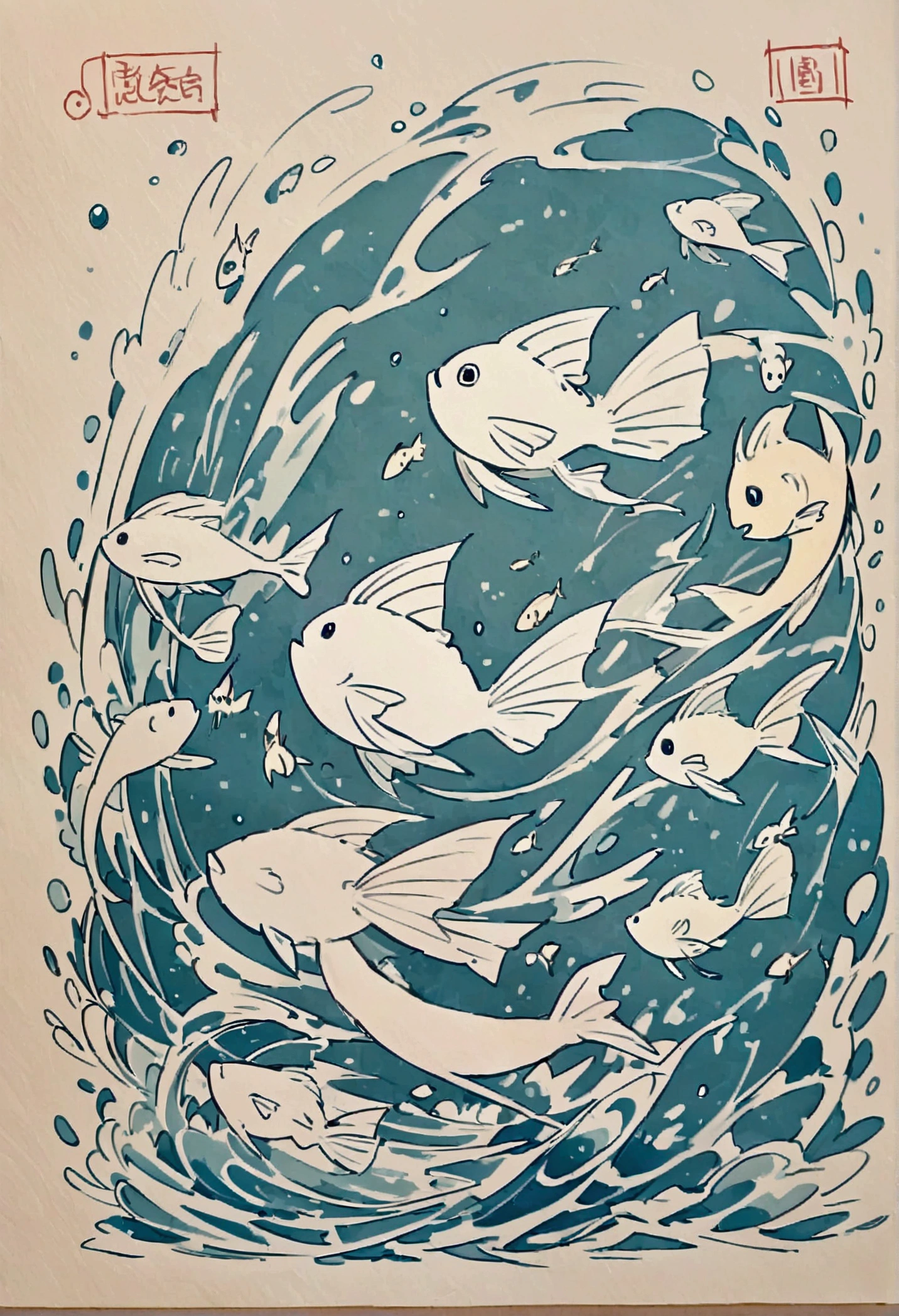 Medaka,Loose Wind,cute,Background water,Line stamp,Non-human、fish