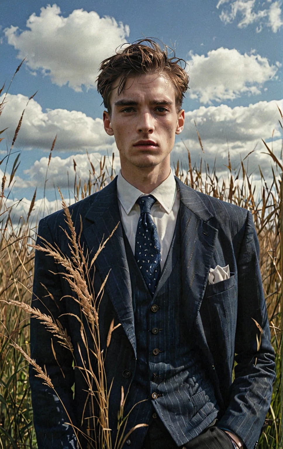 a man stands behind tall grass, in the style of fashion photography, scottish landscapes, light bronze and dark blue, deconstructed tailoring, genderless, close-up shots, brooding mood --ar 132:161 --s 750 --v 5.2