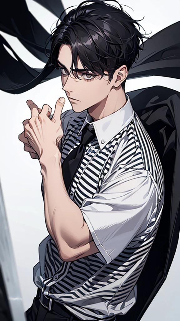 Man, young man, black hair, dark circles under the eyes, narrow eyes, black and white striped shirt, slim body, short bangs, shaved sides, black ring on middle finger of right hand