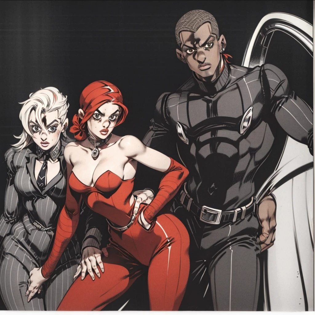 Two people. A woman and a man. Woman in gray suit and red tie. Man in pinstripe suit and white hat. Pose of a couple. Jojo pose. Woman with dark skin. Man with Clear Skin