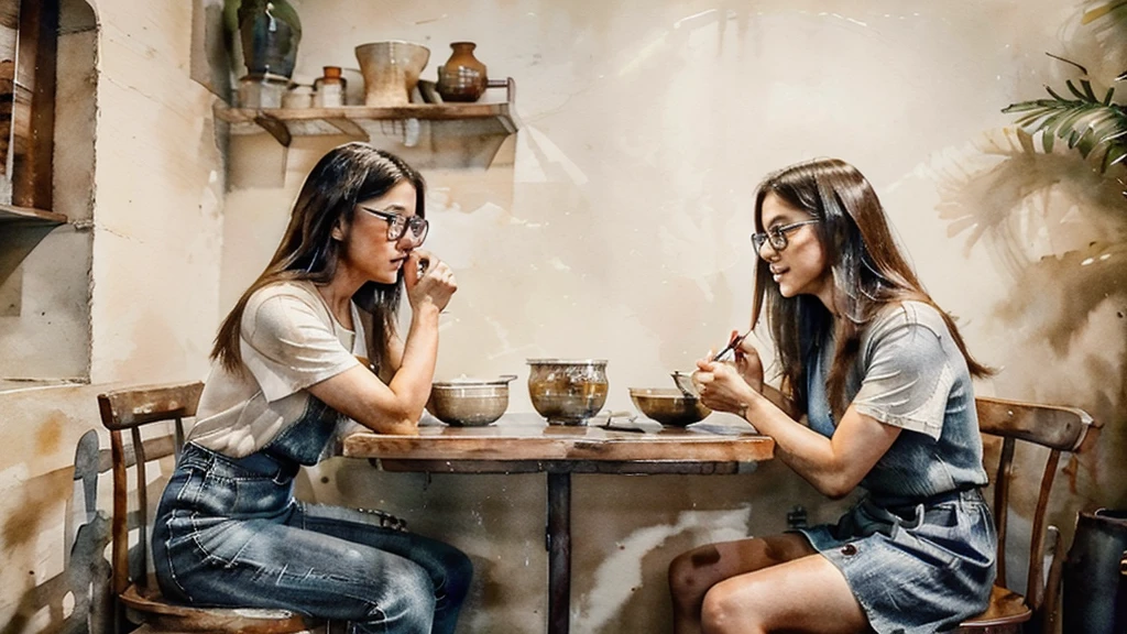 A woman around 35 years old, with medium-length hair, wearing a t-shirt and jeans. 
She is sitting across from a 20-year-old woman with medium-length hair, wearing a long dress, wear Glasses. They are at a Chinese congee shop, each eating a bowl of congee, and engaged in a deep conversation.
