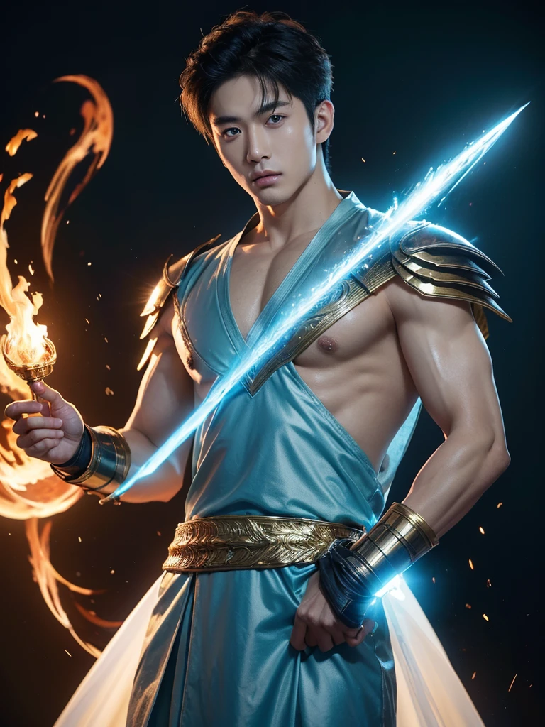 A asian boy like Mighty Archangel Michael, 20-29 years old, handsome, kpop idol actor, many jawline, manly chin, Full Body Shoot, (eyes contact), detailed facial parts, Manly, bare chest, 
Quiff haircut :: high detail, is in highly detailed battle armor, holding a detailed flaming blue sword of golden pearls, detailed fingers, a flaming sacred aura radiating from his body, stylish model pose, moon background, surreal, fantasy, magical, intricate details, depth of field. Best quality, masterpiece, ultra high resolution, (anime realism, photorealistic: 1.4), perfect composition, centered, symmetry