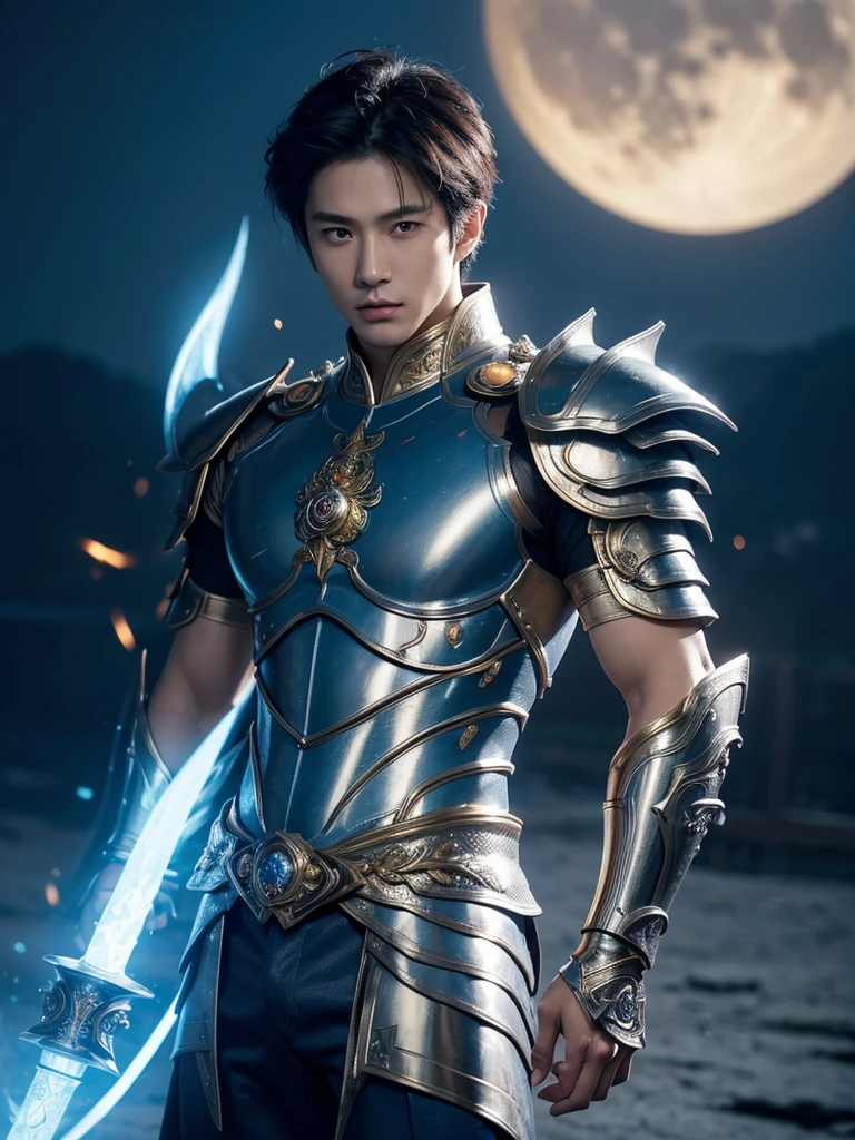 A asian boy like Mighty Archangel Michael, 20-29 years old, handsome, kpop idol actor, many jawline, manly chin, Full Body Shoot, (eyes contact), detailed facial parts, Manly, bare chest,
Quiff haircut :: high detail, is in highly detailed battle armor, holding a detailed flaming blue sword of golden pearls, detailed fingers, a flaming sacred aura radiating from his body, stylish model pose, moon background, surreal, fantasy, magical, intricate details, depth of field. Best quality, masterpiece, ultra high resolution, (anime realism, photorealistic: 1.4), perfect composition, centered, symmetry