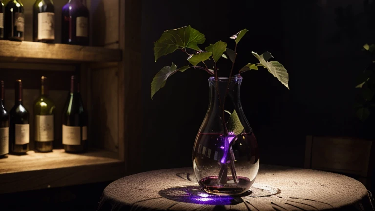 a glass wine bottle with violet lighting in front, a glass wine glass with wine and a plant background, high quality, detailed, photorealistic, cinematic lighting, vibrant colors, elegant composition, intricate details, dramatic contrast, chiaroscuro effect