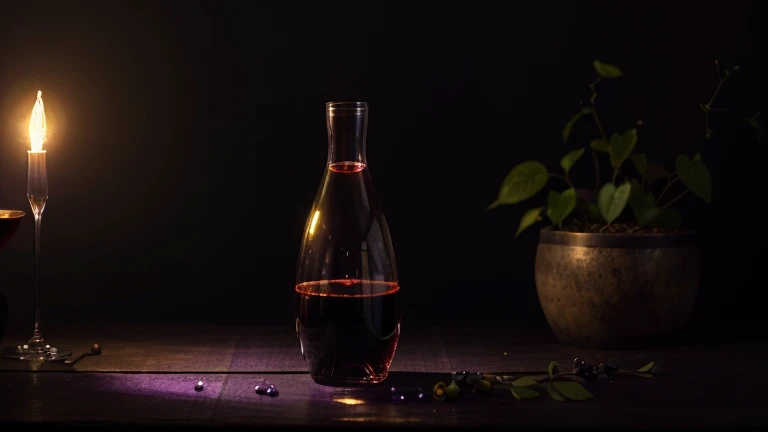 a glass wine bottle with violet lighting in front, a glass wine glass with wine and a plant background, high quality, detailed, photorealistic, cinematic lighting, vibrant colors, elegant composition, intricate details, dramatic contrast, chiaroscuro effect
