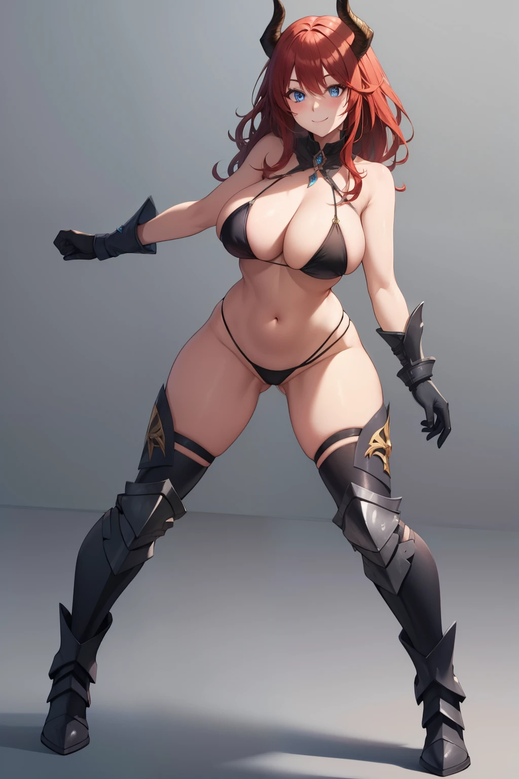 adult milf woman, blue eyes, horn, long shapely legs, giant breasts, slim body, Long red hair, black, sexy full body, metal and skin combat armor, gloves, metal bikini, boots, smile, 8k, hd, masterpiece, dynamic body, white background