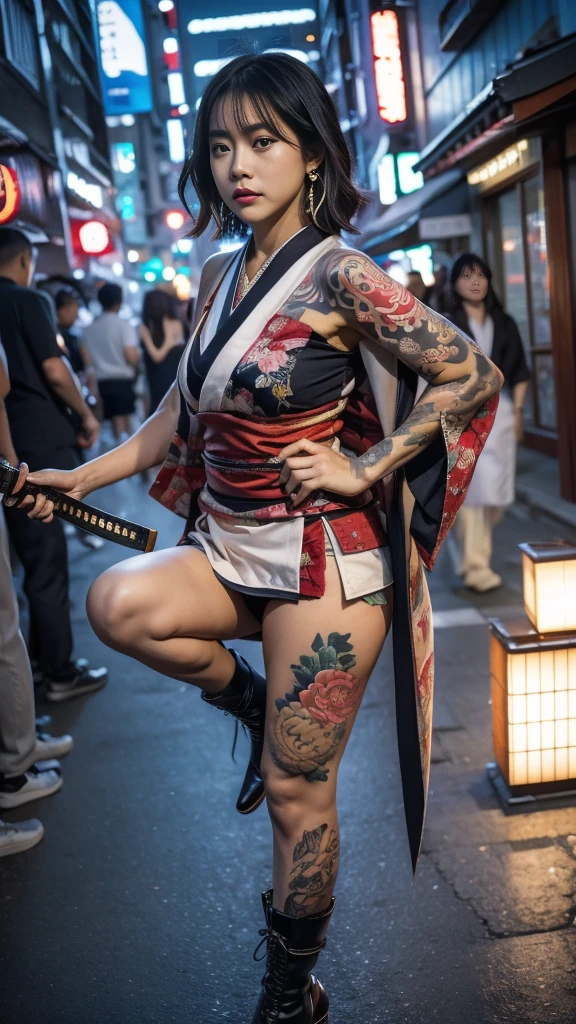 Beautiful Chinese woman, (), cute face, red lips, white moist skin, moles, under-eye bags,
BREAK,
Feminine body with high athletic ability, Body of a female fitness model, Feminine body with hard tones, (Muscles: 1.2), (Beautiful belly button),
BREAK,
Fighter, Kung Fu fighter, Idol,
BREAK,
(Wearing a cute kimono: 1.3), (Kimono with a high degree of exposure), (Stiletto heel boots 1.3), necklace, very large earrings, short length,
BREAK,
Short hair, (Short bob hair), (Bangs: 1.2), (Colorful hair: 1.3), (Wavy hair),
BREAK,
(Very large Japanese sword: 1.4), (Holding the handle of a Japanese sword: 1.3), (Raising a very large Japanese sword: 1.2), (Getting into a fighting stance), (Japanese sword with a beautiful blade: 1.2)
BREAK,
(Japanese tattoo: 1.4),
BREAK,
Masterpiece, Perfect lighting, Ultra high resolution, 8K, (Very detailed: 1.4), (From the front), Looking at the camera, Melancholic expression,
BREAK,
(Tokyo city, lots of people in the background: 1.2), Shibuya city background in Tokyo, Japan,