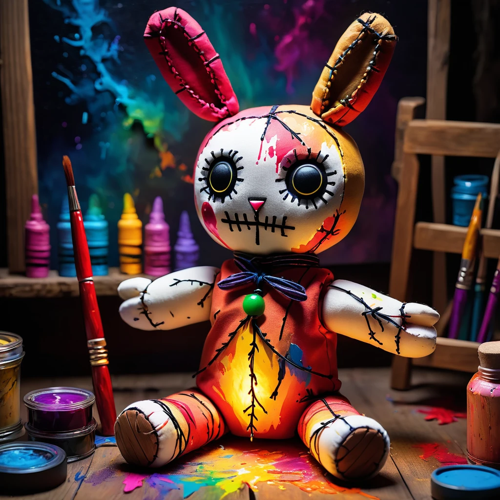 (knitted toy voodoo doll:1.7), (Voodoo Rabbit Painting:1.3), (Clothing: artist's smock with magical paint splatters:1.0), (Accessories: enchanted paintbrush, glowing paint palette, mystical easel:1.2), (background: art studio with floating, glowing paint strokes and soft humming:1.2), best quality, masterpiece, detailed soft oil painting, detailed background, dramatic cinematic lighting, soft edge lighting, professional, dramatic lighting, hard edge lighting, ultra quality, 4k, masterpiece, best quality, 8k, ultra high definition, high resolution, extremely detailed