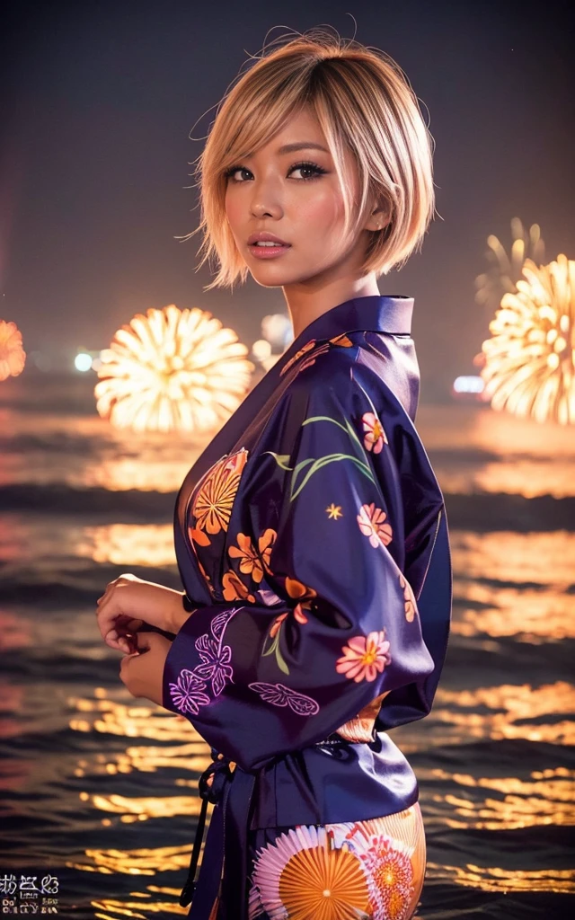 gyaru, dark-skinned, shiny oiled skin, blond hair, short cut hair, wearing vivid yukata, standing in the sea, dark-night, deep fog, orange lanthanum light, Fireworks Festival Venue, Fireworks in the background, cinematic lighting, from side