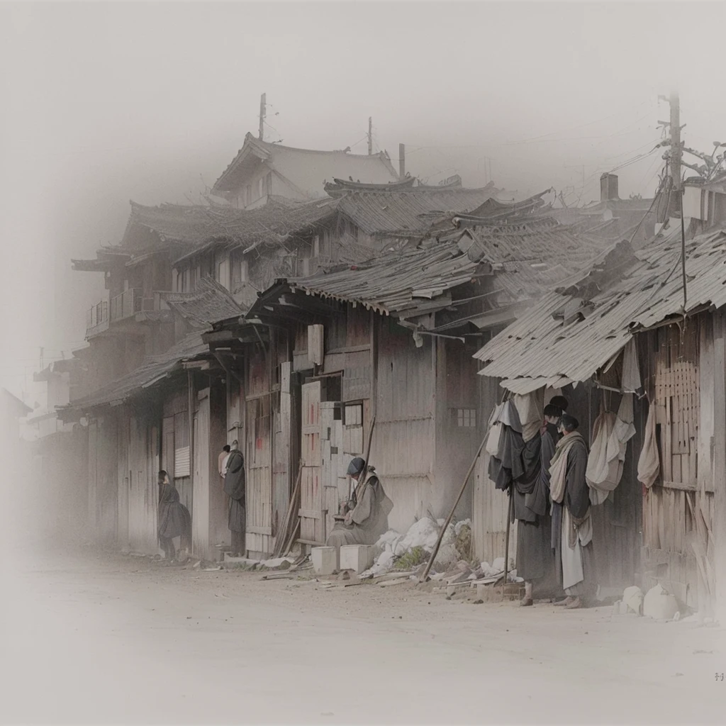 masterpiece, Highest quality, (Highly detailed CG Unity 8k wallpaper), (Highest quality), (Best illustrations), (Best Shadow), Absurd, Realistic lighting, (abyss), Beautiful sparkle, art:PeterMohrBacher,Blazing flames, fire, crowd, throng, freezing, mother warming her baby.Scenery and Cityscape in the Early Meiji Era After the Meiji Restoration, Japan underwent rapid modernization and civilization. Consequently, many changes and reforms occurred. Below is a detailed explanation of the scenery, appearance of the poor, occupations, and cityscapes in the early Meiji period (1868 to the early 1880s). 2. Appearance of the Poor Life for the impoverished and lower classes remained harsh. In particular, in urban areas, people migrated from rural areas or unemployed artisans gathered, intensifying competition in the labor market. Many of them struggled with poverty, often residing in slums or around temples. 3. Occupations Meiji early Japan witnessed a diversification of occupations. Traditional agriculture and handicrafts were accompanied by the rise of modern industry and commerce. Particularly in urban areas, factory workers, shop clerks, and transporters increased, giving rise to new professions. However, many in these occupations endured harsh working conditions. 4. Influence of Civilization and Enlightenment During the Meiji era, Western cultural influences spread rapidly. Changes in clothing, dietary habits, and the proliferation of Western-style architecture advanced, especially in urban areas. Conversely, this development posed a threat to traditional culture and lifestyles, resulting in societal upheaval and adaptation challenges. 5. Social Change and Policy Influence While promoting modernization policies, the government also addressed poverty and social issues. Legislation for labor protection and charitable activities to aid the poor were implemented. Nevertheless, living conditions for the impoverished scarcely improved. The early Meiji period marked a rapid transformation in Japan, with complex social landscapes involving challenges face.