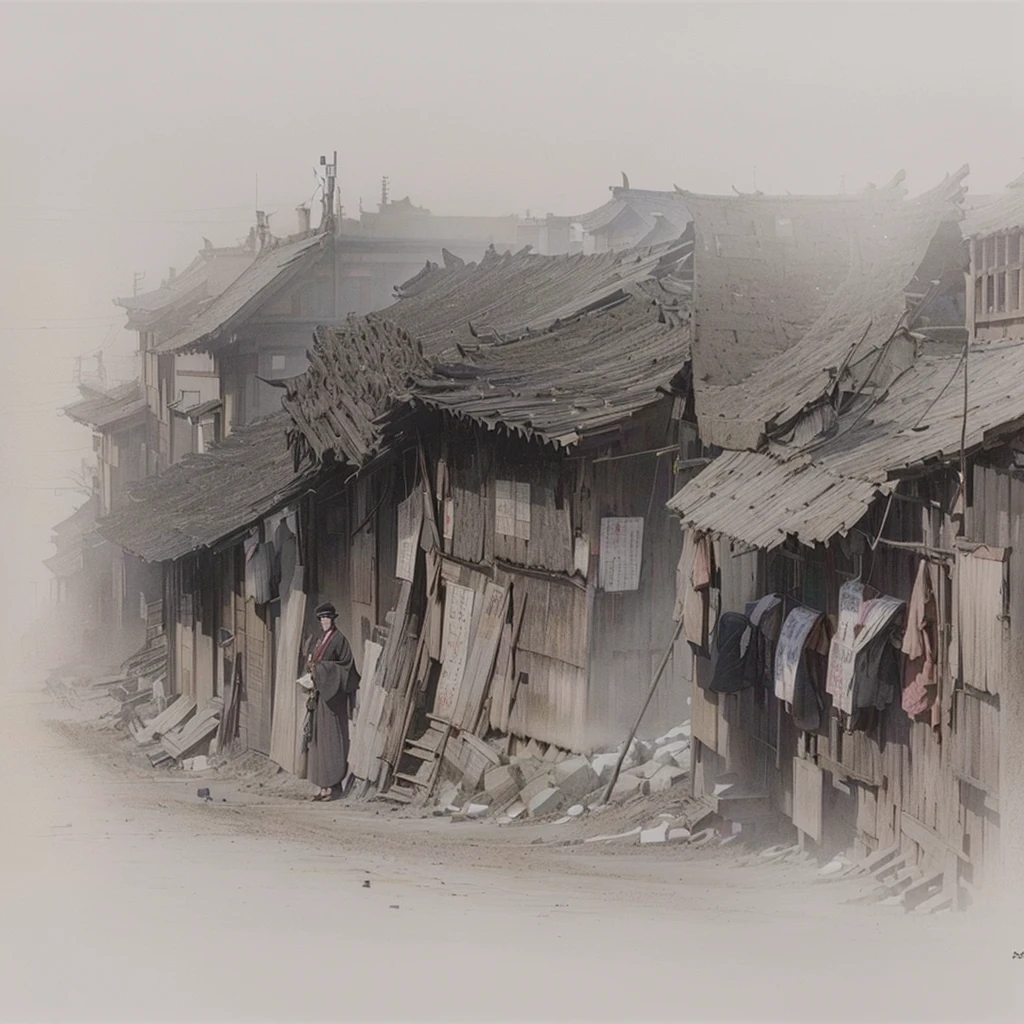 masterpiece, Highest quality, (Highly detailed CG Unity 8k wallpaper), (Highest quality), (Best illustrations), (Best Shadow), Absurd, Realistic lighting, (abyss), Beautiful sparkle, art:PeterMohrBacher,Blazing flames, fire, crowd, throng, freezing, mother warming her baby.Scenery and Cityscape in the Early Meiji Era After the Meiji Restoration, Japan underwent rapid modernization and civilization. Consequently, many changes and reforms occurred. Below is a detailed explanation of the scenery, appearance of the poor, occupations, and cityscapes in the early Meiji period (1868 to the early 1880s). 2. Appearance of the Poor Life for the impoverished and lower classes remained harsh. In particular, in urban areas, people migrated from rural areas or unemployed artisans gathered, intensifying competition in the labor market. Many of them struggled with poverty, often residing in slums or around temples. 3. Occupations Meiji early Japan witnessed a diversification of occupations. Traditional agriculture and handicrafts were accompanied by the rise of modern industry and commerce. Particularly in urban areas, factory workers, shop clerks, and transporters increased, giving rise to new professions. However, many in these occupations endured harsh working conditions. 4. Influence of Civilization and Enlightenment During the Meiji era, Western cultural influences spread rapidly. Changes in clothing, dietary habits, and the proliferation of Western-style architecture advanced, especially in urban areas. Conversely, this development posed a threat to traditional culture and lifestyles, resulting in societal upheaval and adaptation challenges. 5. Social Change and Policy Influence While promoting modernization policies, the government also addressed poverty and social issues. Legislation for labor protection and charitable activities to aid the poor were implemented. Nevertheless, living conditions for the impoverished scarcely improved. The early Meiji period marked a rapid transformation in Japan, with complex social landscapes involving challenges face.