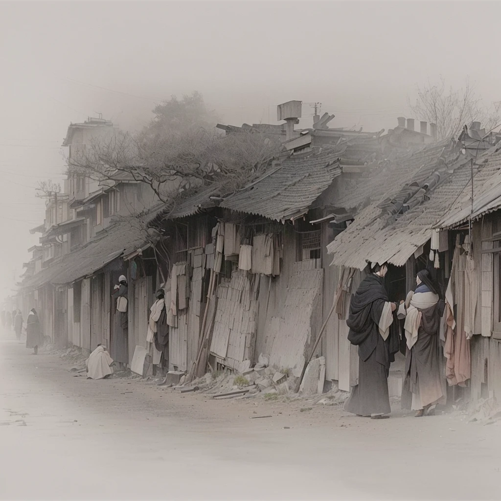 masterpiece, Highest quality, (Highly detailed CG Unity 8k wallpaper), (Highest quality), (Best illustrations), (Best Shadow), Absurd, Realistic lighting, (abyss), Beautiful sparkle, art：PeterMohrBacher,Blazing flames, fire, crowd, throng, freezing, mother warming her baby.Scenery and Cityscape in the Early Meiji Era After the Meiji Restoration, Japan underwent rapid modernization and civilization. Consequently, many changes and reforms occurred. Below is a detailed explanation of the scenery, appearance of the poor, occupations, and cityscapes in the early Meiji period (1868 to the early 1880s). 2. Appearance of the Poor Life for the impoverished and lower classes remained harsh. In particular, in urban areas, people migrated from rural areas or unemployed artisans gathered, intensifying competition in the labor market. Many of them struggled with poverty, often residing in slums or around temples. 3. Occupations Meiji early Japan witnessed a diversification of occupations. Traditional agriculture and handicrafts were accompanied by the rise of modern industry and commerce. Particularly in urban areas, factory workers, shop clerks, and transporters increased, giving rise to new professions. However, many in these occupations endured harsh working conditions. 4. Influence of Civilization and Enlightenment During the Meiji era, Western cultural influences spread rapidly. Changes in clothing, dietary habits, and the proliferation of Western-style architecture advanced, especially in urban areas. Conversely, this development posed a threat to traditional culture and lifestyles, resulting in societal upheaval and adaptation challenges. 5. Social Change and Policy Influence While promoting modernization policies, the government also addressed poverty and social issues. Legislation for labor protection and charitable activities to aid the poor were implemented. Nevertheless, living conditions for the impoverished scarcely improved. The early Meiji period marked a rapid transformation in Japan, with complex social landscapes involving challenges face.
