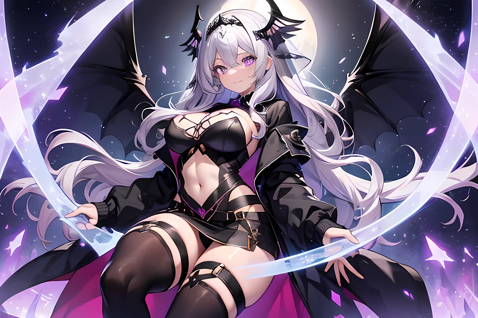 Best quality, 8k, 1 girl, succubus, wings, solo, , silver hair, long wavy hair, purple eyes, hair between eyes, crop_top, jacket, mini skirt, black legwear, sassy , light smile, smirk, tiara headwear, womb tattoo, mature woman, huge breasts, bodystocking, navel clothing cutout, black veil, transparent veil, gorgeous lady