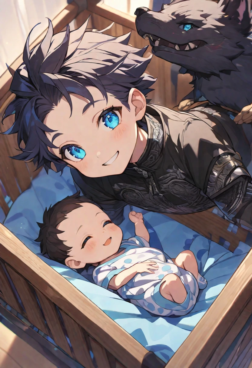  baby boy, , short hair, black fur, blue eyes, detailed, cradle, smiling