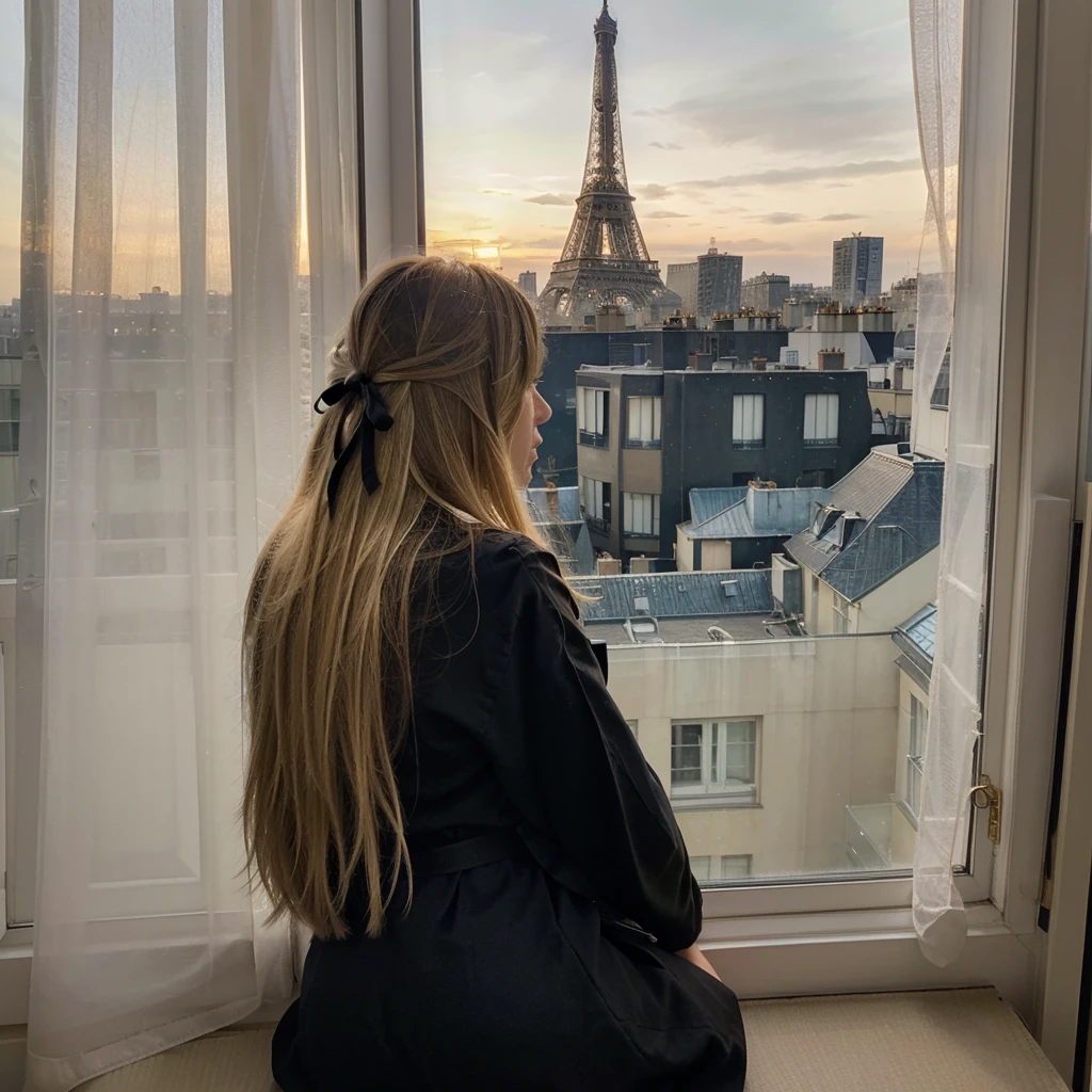 Photograph of a woman with long, straight blonde hair, sitting on a windowsill in a room with beige curtains. She is wearing a black dress and facing away from the camera, looking out at the illuminated Eiffel Tower in the evening. The window is divided into multiple panes by white frames, and a black handbag with a gold emblem is placed on the windowsill next to her. The sky is dark blue, indicating that it is nighttime, and the cityscape of Paris is visible in the background.
