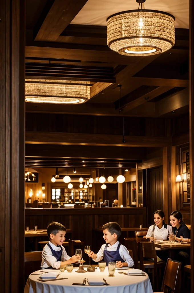 restaurant with a warm and welcoming atmosphere. At the entrance, a wooden door with a sign that says the name of the restaurant in friendly letters. inside, tables arranged with simple but elegant tablecloths. in a table, a smiling family: young parents with two small children. Children are excited while parents chat animatedly. At the bottom, You can see attentive waiters serving delicious dishes. The environment is illuminated with soft lights that create a relaxed and familiar atmosphere..