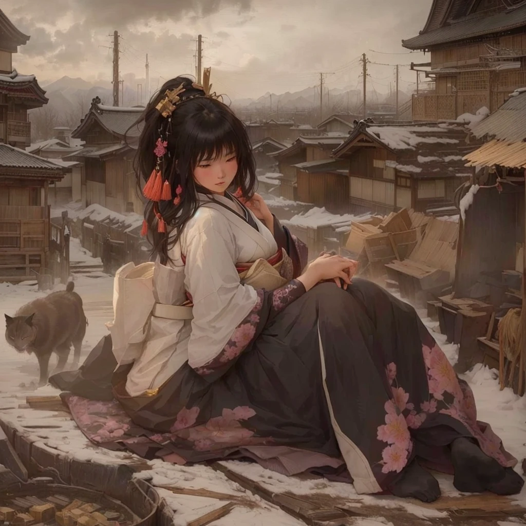 Anime girl sitting on the ground with a cat on her shoulder, artwork in the style of Gwaiz, Gwaiz, Gwaiz on pixiv artstation, Gwaiz masterpiece, Sosei, Gwaiz on artstation pixiv, 2. 5d cgi anime fantasy artwork, Jan J, Beautiful artwork illustration Blazing flames, fire, crowd, throng, freezing, mother warming her baby.Scenery and Cityscape in the Early Meiji Era After the Meiji Restoration, Japan underwent rapid modernization and civilization. Consequently, many changes and reforms occurred. Below is a detailed explanation of the scenery, appearance of the poor, occupations, and cityscapes in the early Meiji period (1868 to the early 1880s). 2. Appearance of the Poor Life for the impoverished and lower classes remained harsh. In particular, in urban areas, people migrated from rural areas or unemployed artisans gathered, intensifying competition in the labor market. Many of them struggled with poverty, often residing in slums or around temples. 3. Occupations Meiji early Japan witnessed a diversification of occupations. Traditional agriculture and handicrafts were accompanied by the rise of modern industry and commerce. Particularly in urban areas, factory workers, shop clerks, and transporters increased, giving rise to new professions. However, many in these occupations endured harsh working conditions. 4. Influence of Civilization and Enlightenment During the Meiji era, Western cultural influences spread rapidly. Changes in clothing, dietary habits, and the proliferation of Western-style architecture advanced, especially in urban areas. Conversely, this development posed a threat to traditional culture and lifestyles, resulting in societal upheaval and adaptation challenges. 5. Social Change and Policy Influence While promoting modernization policies, the government also addressed poverty and social issues. Legislation for labor protection and charitable activities to aid the poor were implemented. Nevertheless, living conditions for the impoverished scarcely improved. The early Meiji period marked a rapid transformation i