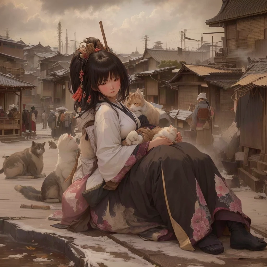 Anime girl sitting on the ground with a cat on her shoulder, artwork in the style of Gwaiz, Gwaiz, Gwaiz on pixiv artstation, Gwaiz masterpiece, Sosei, Gwaiz on artstation pixiv, 2. 5d cgi anime fantasy artwork, Jan J, Beautiful artwork illustration Blazing flames, fire, crowd, throng, freezing, mother warming her baby.Scenery and Cityscape in the Early Meiji Era After the Meiji Restoration, Japan underwent rapid modernization and civilization. Consequently, many changes and reforms occurred. Below is a detailed explanation of the scenery, appearance of the poor, occupations, and cityscapes in the early Meiji period (1868 to the early 1880s). 2. Appearance of the Poor Life for the impoverished and lower classes remained harsh. In particular, in urban areas, people migrated from rural areas or unemployed artisans gathered, intensifying competition in the labor market. Many of them struggled with poverty, often residing in slums or around temples. 3. Occupations Meiji early Japan witnessed a diversification of occupations. Traditional agriculture and handicrafts were accompanied by the rise of modern industry and commerce. Particularly in urban areas, factory workers, shop clerks, and transporters increased, giving rise to new professions. However, many in these occupations endured harsh working conditions. 4. Influence of Civilization and Enlightenment During the Meiji era, Western cultural influences spread rapidly. Changes in clothing, dietary habits, and the proliferation of Western-style architecture advanced, especially in urban areas. Conversely, this development posed a threat to traditional culture and lifestyles, resulting in societal upheaval and adaptation challenges. 5. Social Change and Policy Influence While promoting modernization policies, the government also addressed poverty and social issues. Legislation for labor protection and charitable activities to aid the poor were implemented. Nevertheless, living conditions for the impoverished scarcely improved. The early Meiji period marked a rapid transformation i