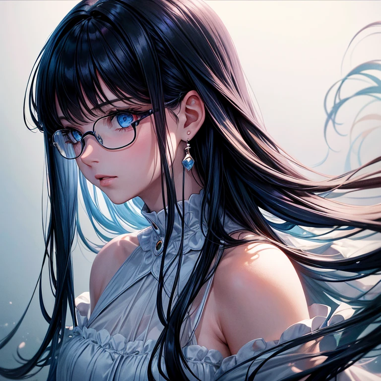 8k wallpaper, masterpiece, movie lighting, best quality, illustration, dramatic angle, ((color: 1.1)), ((color inner hair: 1.4)), 1 girl, alone, long hair, water, blue eyes, Black glasses, collar, open lips, white collar, liquid hair, black hair, Bangs, from side, side, Upper Body, Simple background, Gray background, Bare shoulders, portrait, looking at the audience, White dress, Hair between the eyes, White background, earrings,