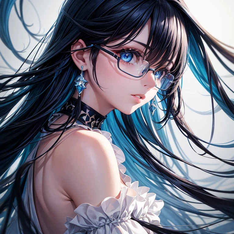 8k wallpaper, masterpiece, movie lighting, best quality, illustration, dramatic angle, ((color: 1.1)), ((color inner hair: 1.4)), 1 girl, alone, long hair, water, blue eyes, Black glasses, collar, open lips, white collar, liquid hair, black hair, Bangs, from side, side, Upper Body, Simple background, Gray background, Bare shoulders, portrait, looking at the audience, White dress, Hair between the eyes, White background, earrings,