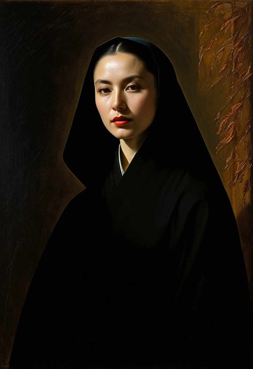  (((Iconic Lady in darkness sunny colors but extremely beautiful))) (((masterpiece,religious, minimalist,mysterious hyperrealistic))) (((Monochrome solid colors))) (((Gorgeous,sophisticated))) (((by Michael Curtiz style,by caravaggio style))),digital artwork by Beksinski，Zhao Liying，Liu Shishi