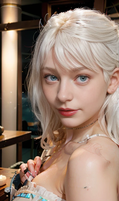 Photo of a 15 year-old European girl, .RAW, beautiful woman , largo White hair , White hair , albino girl ,((portrait)), ((detailed face:1.2)), ((detailed facial features)), (finely detailed skin), Varied background , blue eyes , 、(cool color), humid, humid, ReFlectoreasutepiece) (perfect proportions realistic photos)(The best quality) (detailed) photographed with a Canon EOS R5, 50mm lens, f/2.8, NffSW, (8k) (wallpaper) (cinematic lighting) (Dramatic lighting) (sharp focus) (Convoluted) thin  , thinl breasts , freckles on cheeks , Whole body , beautiful woman body , posing sexy  , posing brightly from the front for the camera , cute makeup , linda sonrisa , Red lips , albino girl , by white , White hair , senos medianos , nariz pequeña , outfit ligero , cuerpo completo