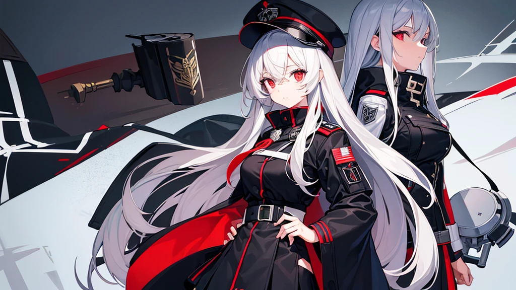 Two girls with long straight silver hair, twins, red eyes, big breasts, slim body, cool, hat, black military uniform, black mini quilt skirt