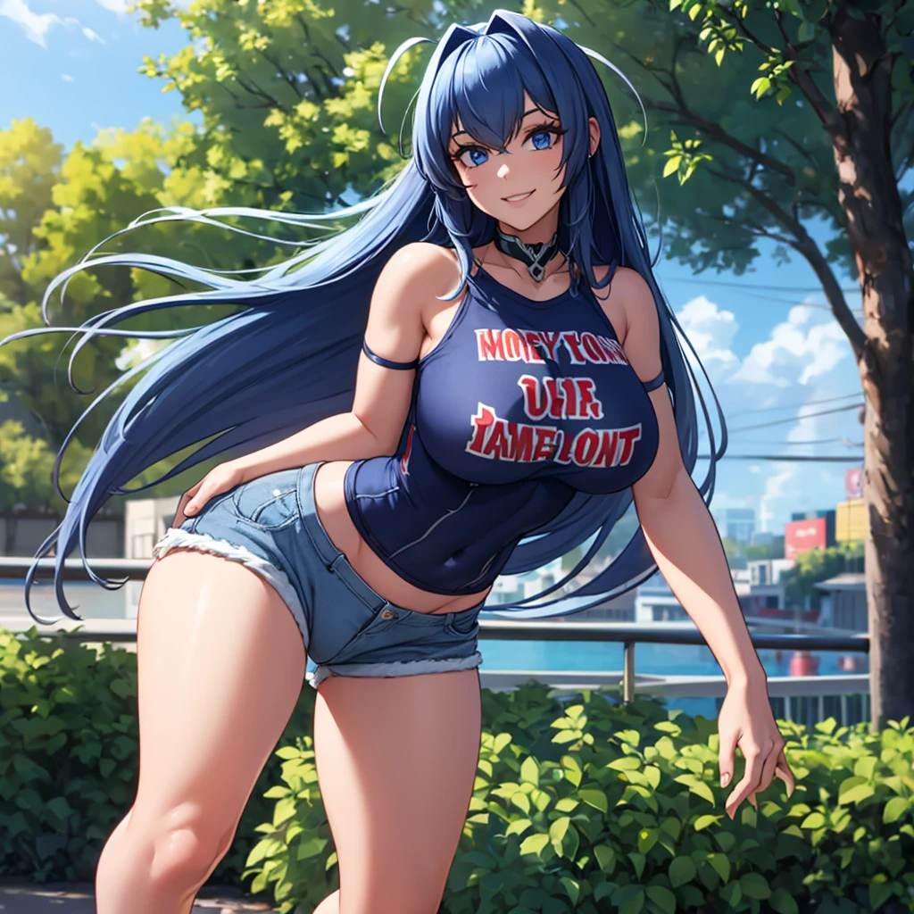 A woman wearing a navy blue American football shirt, number 20 on the shirt, denim shorts, big breasts, blue eyes, long hair, navy blue hair, smiling, perfect face, perfect eyes, standing on a sidewalk in a park, city in the very back, a place with trees, a place during the day,r,UHD , prime work , accurate , anatomically correct , textured skin , super details , high quality , best quality, 8k, high resolution, bokeh effect. (woman solo), close view
