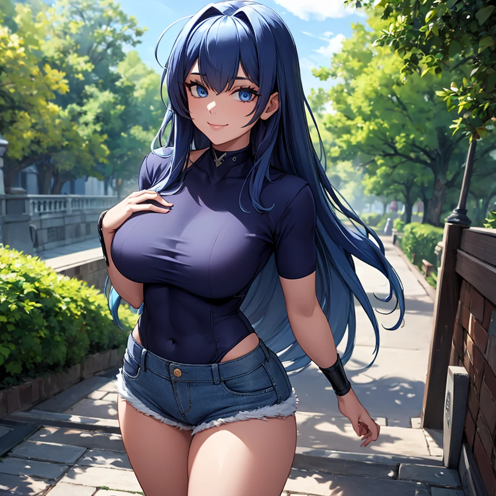 A woman wearing a navy blue American football shirt, number 20 on the shirt, denim shorts, big breasts, blue eyes, long hair, navy blue hair, smiling, perfect face, perfect eyes, standing on a sidewalk in a park, city in the very back, a place with trees, a place during the day,r,UHD , prime work , accurate , anatomically correct , textured skin , super details , high quality , best quality, 8k, high resolution, bokeh effect. (woman solo), close view
