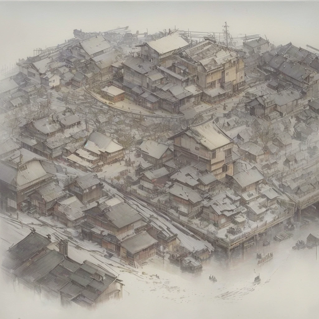 A picture of a city with many buildings and many trees, aerial photograph, Disco Elysium Concept Art, Architectural Illustration, A vast, detailed, hierarchical city, Nick Fudge, extremely detailed concept art, Robin Guthrie, Realistic painting of complex objects, Disco Elysium Artwork, By Ludwig Konaszewski Jr., Blazing flames by Nie Yuanlu, fire, crowd, throng, freezing, mother warming her baby.Scenery and Cityscape in the Early Meiji Era After the Meiji Restoration, Japan underwent rapid modernization and civilization. Consequently, many changes and reforms occurred. Below is a detailed explanation of the scenery, appearance of the poor, occupations, and cityscapes in the early Meiji period (1868 to the early 1880s). 2. Appearance of the Poor Life for the impoverished and lower classes remained harsh. In particular, in urban areas, people migrated from rural areas or unemployed artisans gathered, intensifying competition in the labor market. Many of them struggled with poverty, often residing in slums or around temples. 3. Occupations Meiji early Japan witnessed a diversification of occupations. Traditional agriculture and handicrafts were accompanied by the rise of modern industry and commerce. Particularly in urban areas, factory workers, shop clerks, and transporters increased, giving rise to new professions. However, many in these occupations endured harsh working conditions. 4. Influence of Civilization and Enlightenment During the Meiji era, Western cultural influences spread rapidly. Changes in clothing, dietary habits, and the proliferation of Western-style architecture advanced, especially in urban areas. Conversely, this development posed a threat to traditional culture and lifestyles, resulting in societal upheaval and adaptation challenges. 5. Social Change and Policy Influence While promoting modernization policies, the government also addressed poverty and social issues. Legislation for labor protection and charitable activities to aid the poor were implemented. Nevertheless, living conditions for the impoverished scarcely improved. The early Meiji period marked a rapid transformation in Japan, with com