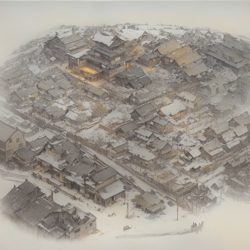 A picture of a city with many buildings and many trees, aerial photograph, Disco Elysium Concept Art, Architectural Illustration, A vast, detailed, hierarchical city, Nick Fudge, extremely detailed concept art, Robin Guthrie, Realistic painting of complex objects, Disco Elysium Artwork, By Ludwig Konaszewski Jr., Blazing flames by Nie Yuanlu, fire, crowd, throng, freezing, mother warming her baby.Scenery and Cityscape in the Early Meiji Era After the Meiji Restoration, Japan underwent rapid modernization and civilization. Consequently, many changes and reforms occurred. Below is a detailed explanation of the scenery, appearance of the poor, occupations, and cityscapes in the early Meiji period (1868 to the early 1880s). 2. Appearance of the Poor Life for the impoverished and lower classes remained harsh. In particular, in urban areas, people migrated from rural areas or unemployed artisans gathered, intensifying competition in the labor market. Many of them struggled with poverty, often residing in slums or around temples. 3. Occupations Meiji early Japan witnessed a diversification of occupations. Traditional agriculture and handicrafts were accompanied by the rise of modern industry and commerce. Particularly in urban areas, factory workers, shop clerks, and transporters increased, giving rise to new professions. However, many in these occupations endured harsh working conditions. 4. Influence of Civilization and Enlightenment During the Meiji era, Western cultural influences spread rapidly. Changes in clothing, dietary habits, and the proliferation of Western-style architecture advanced, especially in urban areas. Conversely, this development posed a threat to traditional culture and lifestyles, resulting in societal upheaval and adaptation challenges. 5. Social Change and Policy Influence While promoting modernization policies, the government also addressed poverty and social issues. Legislation for labor protection and charitable activities to aid the poor were implemented. Nevertheless, living conditions for the impoverished scarcely improved. The early Meiji period marked a rapid transformation in Japan, with com