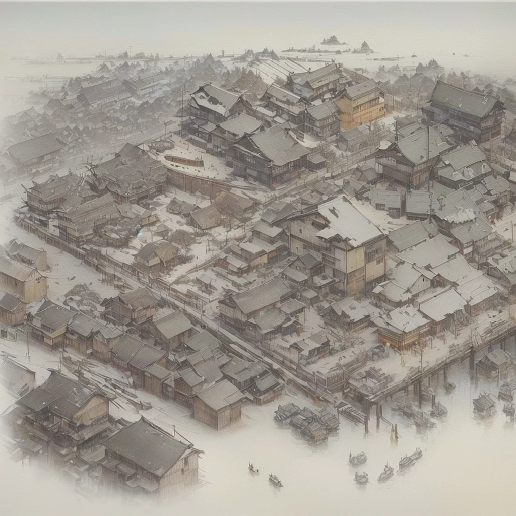 A picture of a city with many buildings and many trees, aerial photograph, Disco Elysium Concept Art, Architectural Illustration, A vast, detailed, hierarchical city, Nick Fudge, extremely detailed concept art, Robin Guthrie, Realistic painting of complex objects, Disco Elysium Artwork, By Ludwig Konaszewski Jr., Blazing flames by Nie Yuanlu, fire, crowd, throng, freezing, mother warming her baby.Scenery and Cityscape in the Early Meiji Era After the Meiji Restoration, Japan underwent rapid modernization and civilization. Consequently, many changes and reforms occurred. Below is a detailed explanation of the scenery, appearance of the poor, occupations, and cityscapes in the early Meiji period (1868 to the early 1880s). 2. Appearance of the Poor Life for the impoverished and lower classes remained harsh. In particular, in urban areas, people migrated from rural areas or unemployed artisans gathered, intensifying competition in the labor market. Many of them struggled with poverty, often residing in slums or around temples. 3. Occupations Meiji early Japan witnessed a diversification of occupations. Traditional agriculture and handicrafts were accompanied by the rise of modern industry and commerce. Particularly in urban areas, factory workers, shop clerks, and transporters increased, giving rise to new professions. However, many in these occupations endured harsh working conditions. 4. Influence of Civilization and Enlightenment During the Meiji era, Western cultural influences spread rapidly. Changes in clothing, dietary habits, and the proliferation of Western-style architecture advanced, especially in urban areas. Conversely, this development posed a threat to traditional culture and lifestyles, resulting in societal upheaval and adaptation challenges. 5. Social Change and Policy Influence While promoting modernization policies, the government also addressed poverty and social issues. Legislation for labor protection and charitable activities to aid the poor were implemented. Nevertheless, living conditions for the impoverished scarcely improved. The early Meiji period marked a rapid transformation in Japan, with com
