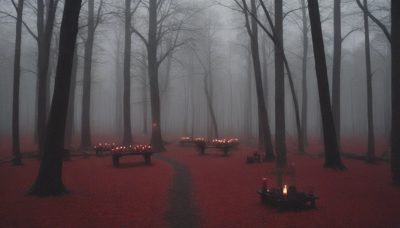 dense forest of gloomy red trees with scattered black flowers, candles gently lighting, gloomy weather, horor, ultra detali, high qualiy, 4K , cinematographic