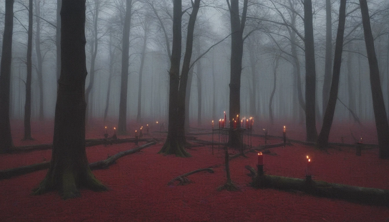 dense forest of gloomy red trees with scattered black flowers, candles gently lighting, gloomy weather, horor, ultra detali, high qualiy, 4K , cinematographic