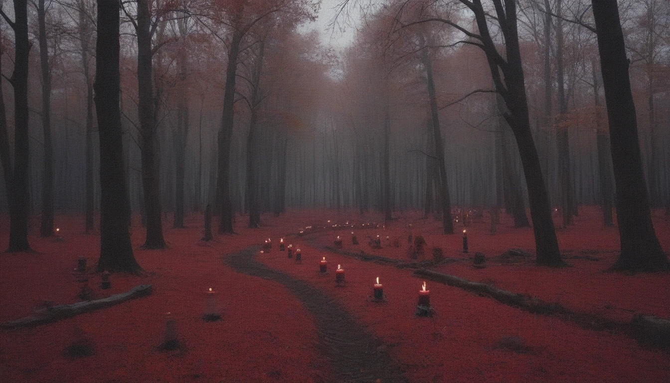 dense forest of gloomy red trees with scattered black flowers, candles gently lighting, gloomy weather, horor, ultra detali, high qualiy, 4K , cinematographic