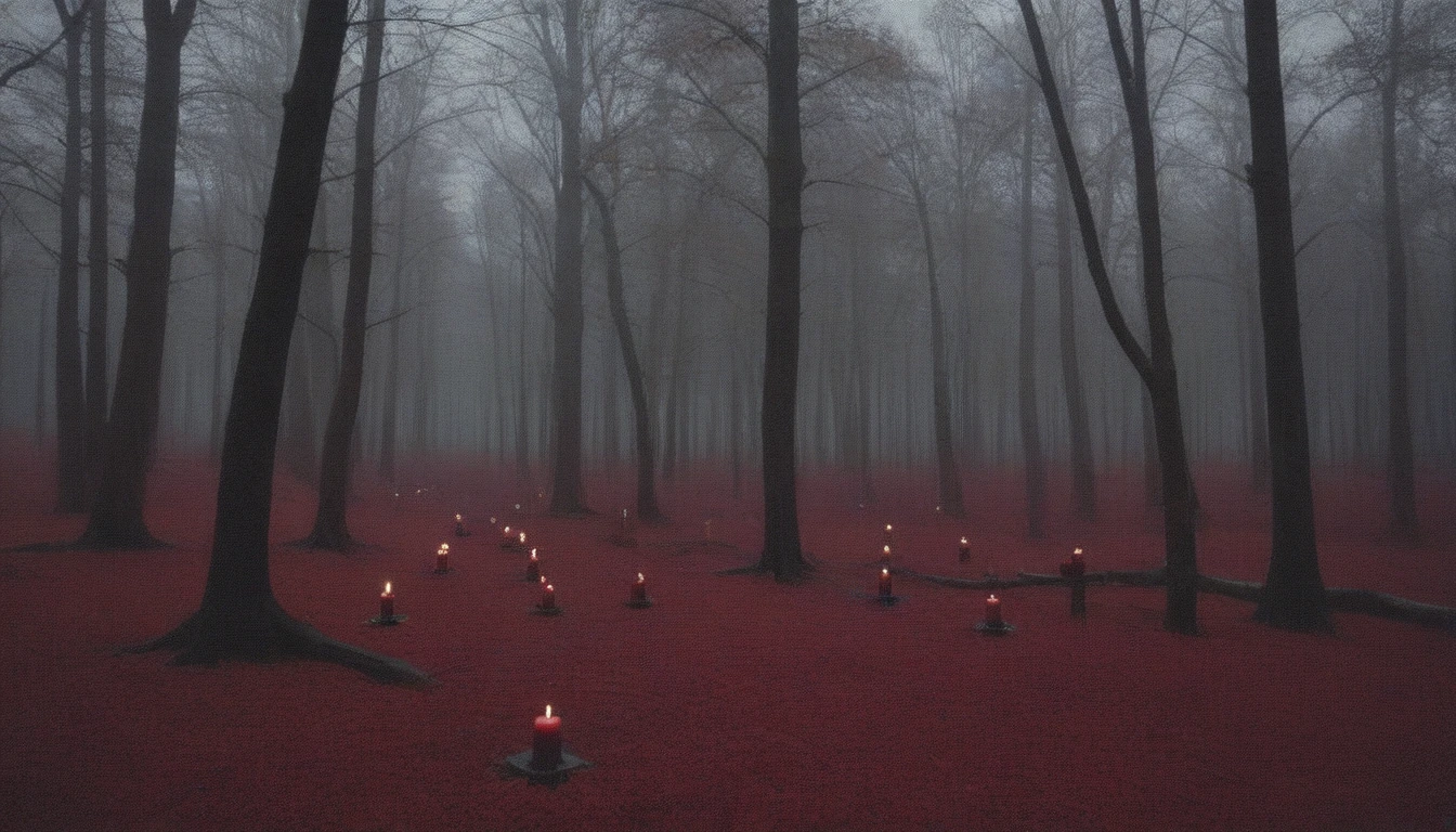 dense forest of gloomy red trees with scattered black flowers, candles gently lighting, gloomy weather, horor, ultra detali, high qualiy, 4K , cinematographic