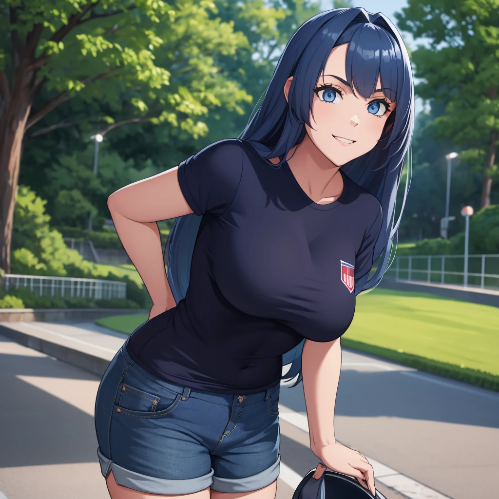 A woman wearing a navy blue American football shirt, number 20 on the shirt, denim shorts, big breasts, blue eyes, long hair, navy blue hair, smiling, perfect face, perfect eyes, standing on a sidewalk in a park, city in the very back, a place with trees, a place during the day,r,UHD , prime work , accurate , anatomically correct , textured skin , super details , high quality , best quality, 8k, high resolution, bokeh effect. (woman solo), close view
