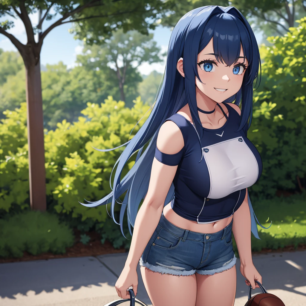 A woman wearing a navy blue American football shirt, number 20 on the shirt, denim shorts, big breasts, blue eyes, long hair, navy blue hair, smiling, perfect face, perfect eyes, standing on a sidewalk in a park, city in the very back, a place with trees, a place during the day,r,UHD , prime work , accurate , anatomically correct , textured skin , super details , high quality , best quality, 8k, high resolution, bokeh effect. (woman solo), close view
