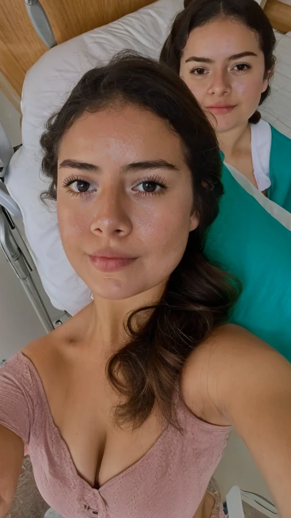 Portrait of a frightened 18yo Irish women laying in hospital bed. Close up. Hospital gown. Cleavage