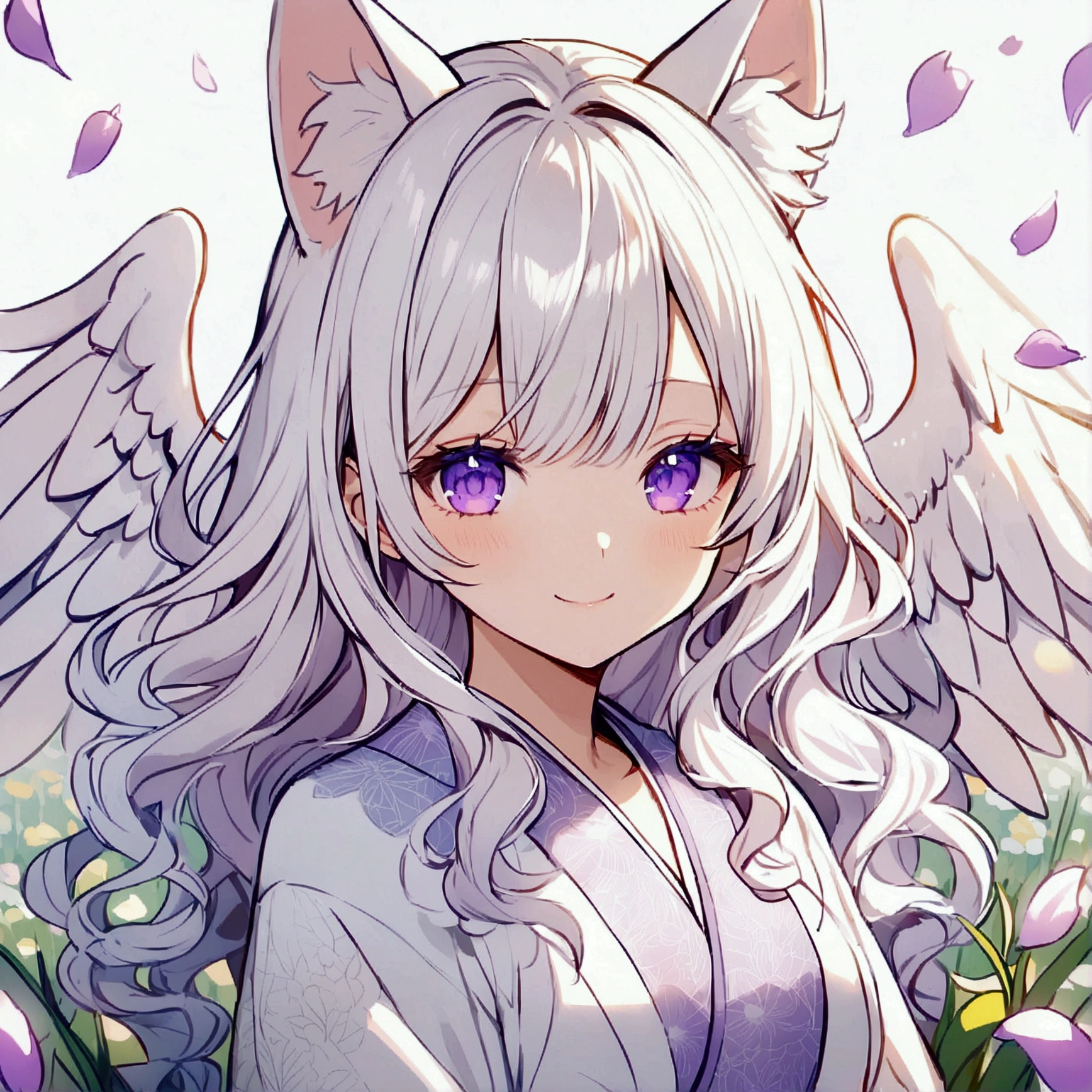 Wink,Long Wavy Hair,smile,White hair is very attractive, Detailed and precise manual work, Attractive girl, White cat ears,Purple eyes and white eyelashes,light in your eyes,Angel wing,Great light,A subject that stands out in a flower field, Petals flutter,A delicate white kimono with purple floral patterns, Hand-drawn illustration