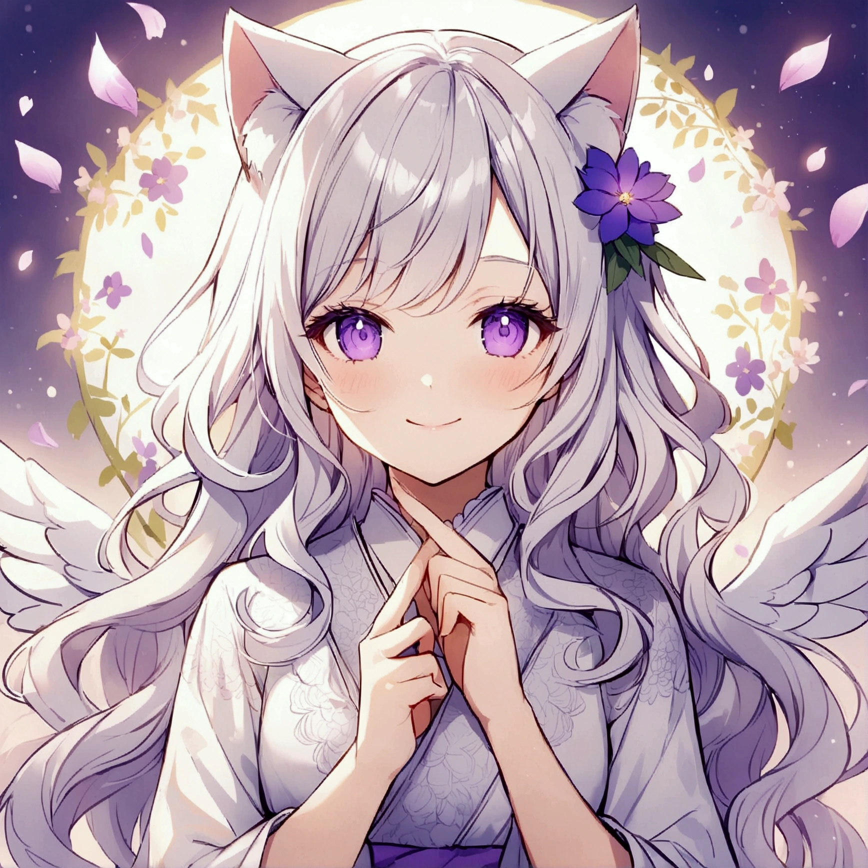 Wink,Long Wavy Hair,smile,White hair is very attractive, Detailed and precise manual work, Attractive girl, White cat ears,Purple eyes and white eyelashes,light in your eyes,Angel wing,Great light,A subject that stands out in a flower field, Petals flutter,A delicate white kimono with purple floral patterns, Hand-drawn illustration