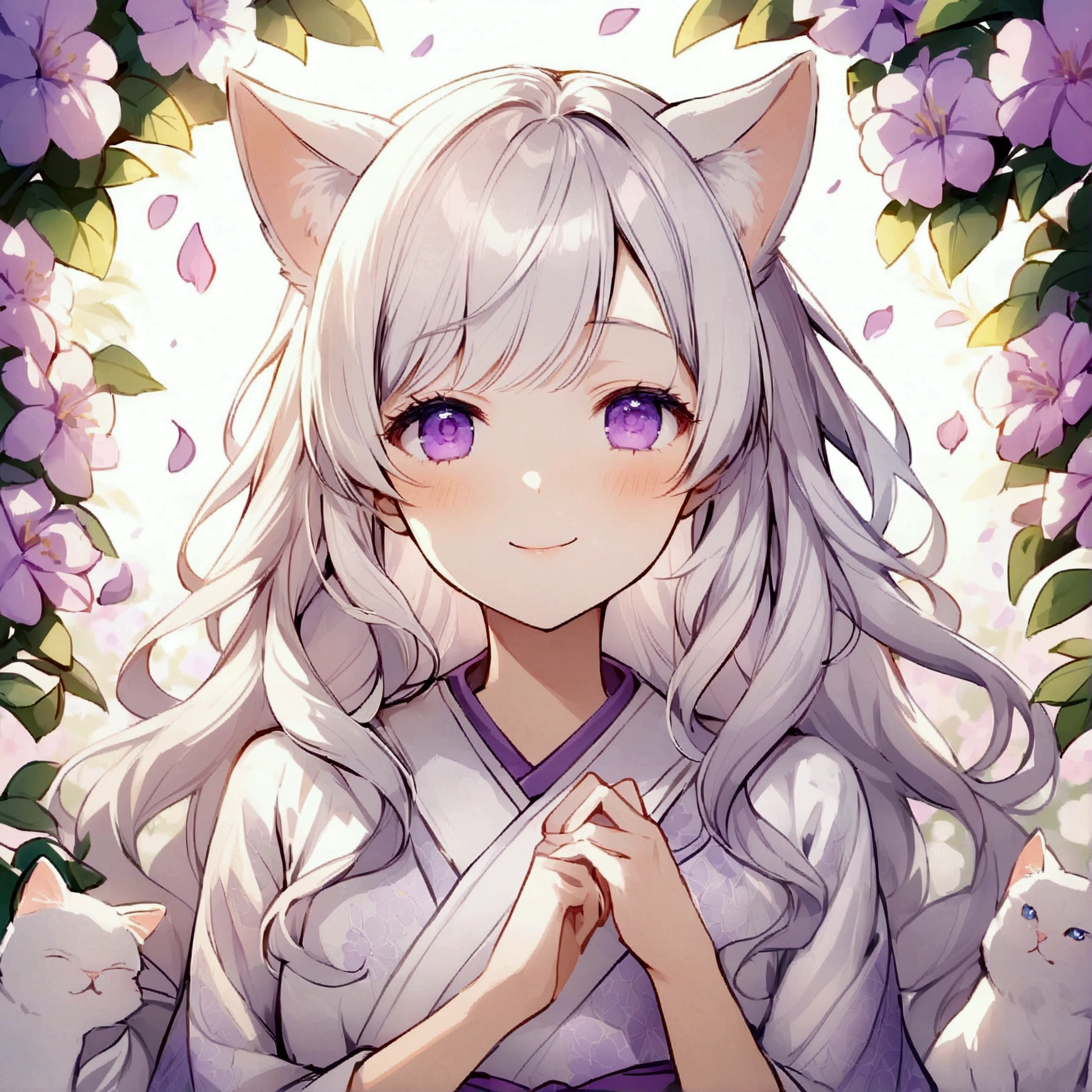 Wink,Long Wavy Hair,smile,White hair is very attractive, Detailed and precise manual work, Attractive girl, White cat ears,Purple eyes and white eyelashes,light in your eyes,Angel wing,Great light,A subject that stands out in a flower field, Petals flutter,A delicate white kimono with purple floral patterns, Hand-drawn illustration
