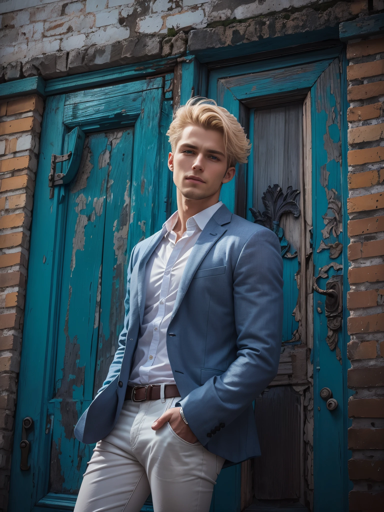 (dramatic illumination, dynamic angle, intense color contrast), (a man with blond hair and blue eyes, wearing blue blazer, white shirt, jeans), (slight grin), (aloof attitude), (outside old brick building)
